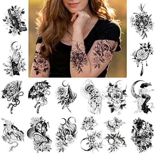 16 Sheets Tattoo Kit, Large Temporary Tattoos For Women And Men,Sexy 3D Realistic Flower Stickers Waterproof Mermaid Whale Fox Tiger Cupid Arrow Tattoo，Fake Tattoo | Roarhowl Tattoo #TOP1