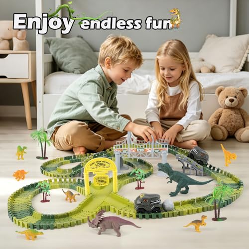 Image of Dinosaur Race Car Track Toys for Kids, Birthday Gifts for 3 4 5 6 7 Year Old Boys Girls, 255+ PCS Dinosaur World Adventure Building Playset with Flexible Track, DIY A Dinosaur World Road Race