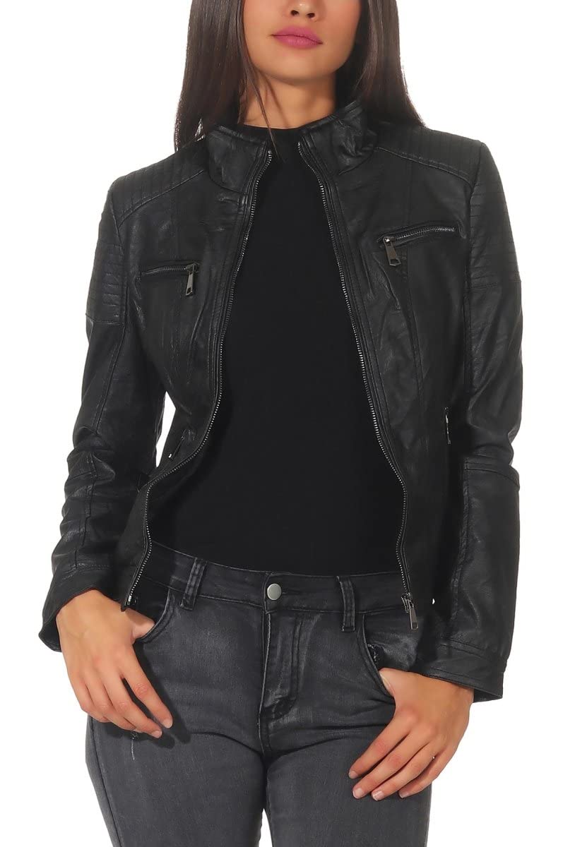 Malito Damen Kunstlederjacke – Kurze Bikerjacke mit Reißverschluss, schwarz, Größe S