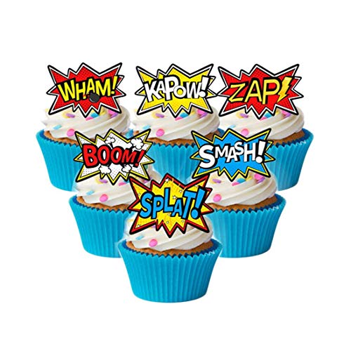 GEORLD 36X Precut Edible Wafer Paper SUPER HERO WORDS Action Cupcake Topper Cake Topper
