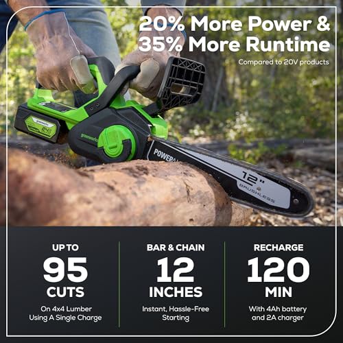 Image of Greenworks 24V 12 inch Brushless Cordless Compact Chainsaw (Great For Storm Clean-Up, Pruning, and Firewood / 200+ Compatible Tools), 4.0Ah Battery and Charger Included