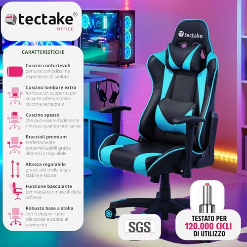 ® Poltrona da Ufficio Ergonomica, Sedia Gaming con Braccioli Imbottiti, Doppie Rotelle Resistenti, Struttura Robusta, Regolabile, Portata fino a 120 kg - Nero/Azzurro - Sedia gaming - Immagine 2