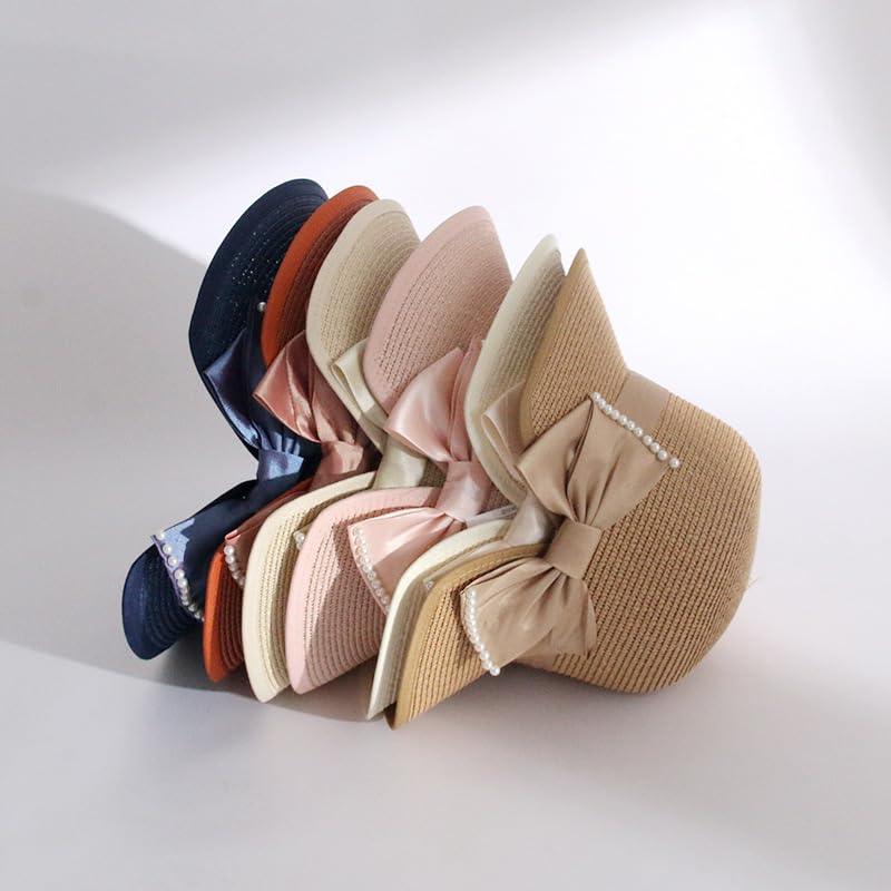 Sombrero de Paja Plegable de Verano,Gorra de Sol Tejido de Paja con Protección UV para Mujer con Decoración de Perla y Lazo de Satén,Sombrero de Playa Tejida Transpirable para Exteriores