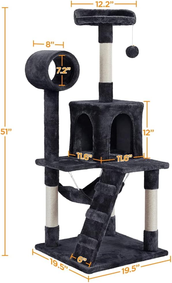 Comfortable Large cat Tree, cat Tree with Apartment Scratch Tower, 19.30 x 19.30 x 51.00 Inches, Black