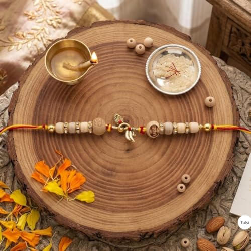 Image of Original Tulsi Rakhi for Brother | Handmade Natural Tulsi Beads Rakhi | Sacred Raksha Bandhan Rakhis for Boys | Traditional Spiritual Rakhi Gift