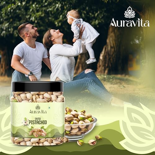 Image of Auravita Premium Roasted & Salted Pistachios 250gm | Crunchy & Flavorful Pista Dry Fruit | Resealable Jar | High in Protein & Fiber | Ideal for Snacking, Gifting & Recipes