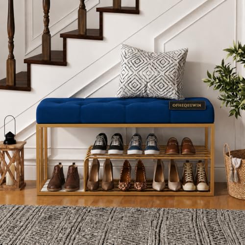 Image of Entryway Shoe Rack with Cushioned Seat, Shoe Bench for Entry, 2 Shelves Storage Bed Bench