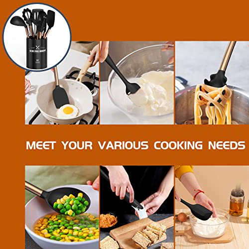 Umite Chef Silicone Cooking Utensil Set, 15pcs Non-Stick Silicone Rose Gold Handle Cooking Tools - Black
