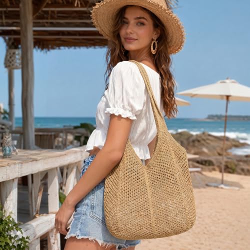 Image of XZQTIVE Crochet Tote Bag for Women Mesh Beach bag for Summer Vacation Aesthetic Hobo Knit Shoulder Bag