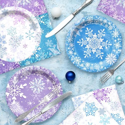 Frozen Plates and Napkins-61Pcs Winter Wonderland Snowflake Tableware for Christmas Winter Holiday,Birthday,Baby Shower