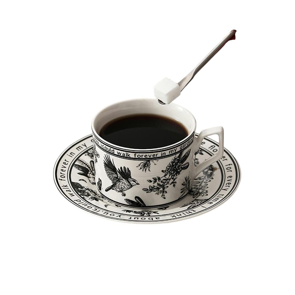 Set di 2 pezzi, Set di tazze da tè e piattini con fiori bianchi e neri, eleganti bicchieri francesi per colazione, tea party, ristorante e altro, estate – Bevande invernali, regali