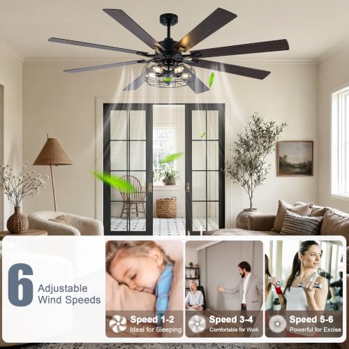 Image of 72 Inch Farmhouse Ceiling Fan with Lights Black Caged Rustic | Remote Control Fandelier Ceiling Fan, 5-Lights Large Chandelier for Living Room, 8 Dual Blades Reversible DC Motor 6 Speeds