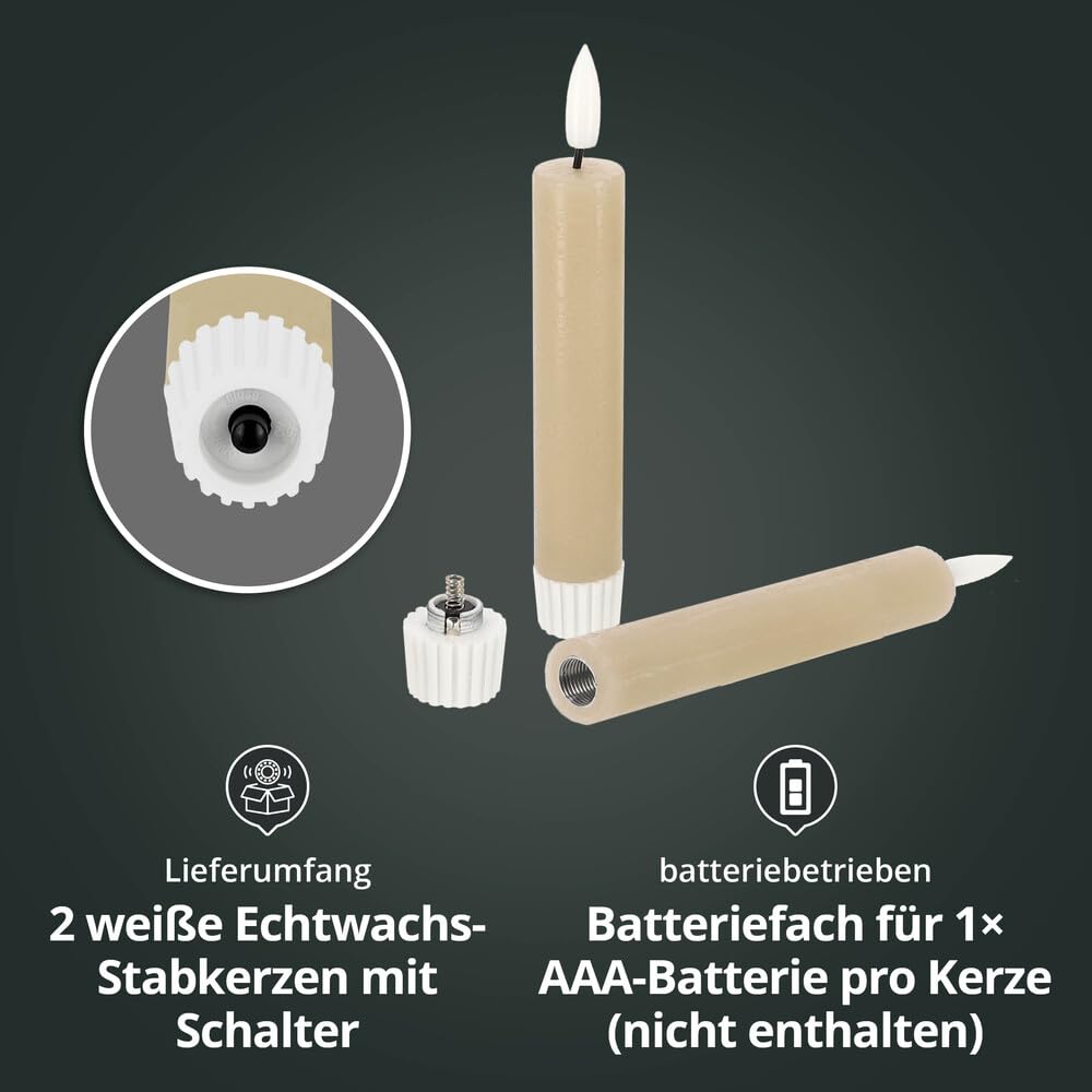 LED Universum - Zestaw 2 świec LED z prawdziwego wosku, beżowe, 15 cm, ciepła biel, na 1 x baterie AAA (nie wchodzi w zakres dostawy) dekoracja stołu na wesele, Boże Narodzenie, święta, imprezy