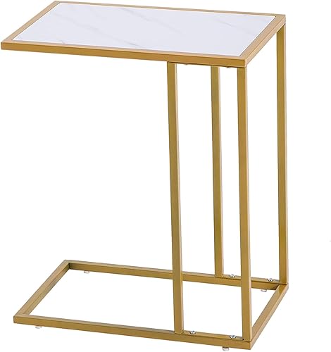 Miniatura 9 de Mesa simple de lado C, mesa auxiliar multifuncional estrecha para patio, mesas modernas para exteriores con marco de metal y acabado de mármol,
