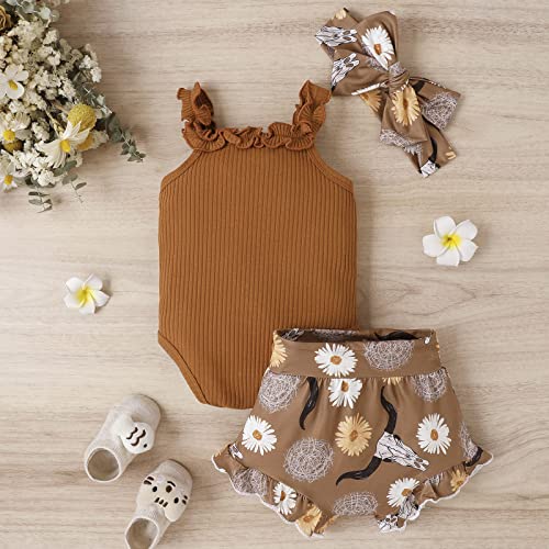 Infant Baby Girl Summer Clothes Set Solid Color Off Shoulder Romper Tops Bull Print Shorts Head Band 3Pcs Infant Outfits2