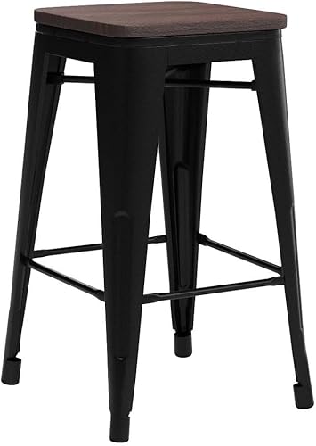 Miniatura 43 de [Juego de 4] Taburete metálico apilable industrial moderno para interior/exterior 17 pulgadas, Metal Plata sin espalda con madera,Sin espalda negro
