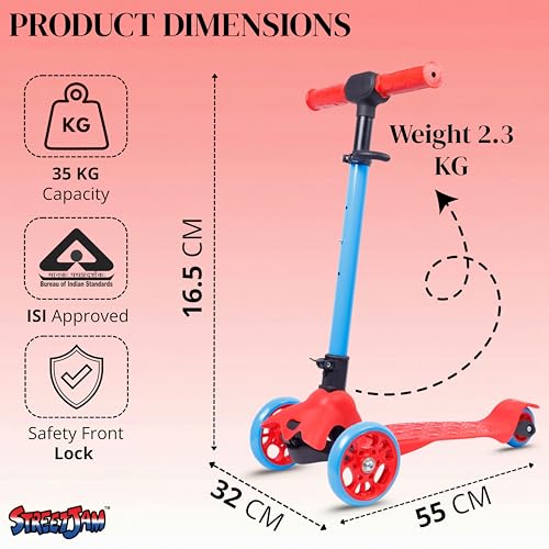Image of STREETJAM Komiks Kids Kick Scooter for 3-12 Years, Tilt & Turn Safety Lock (1st Time in India), BIS Approved, Lean-to-Steer, Wide Deck, Adjustable Height, Up to 35 kg Load (Red with Blue)