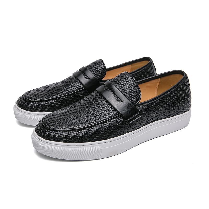 Men's Leather Woven Casual Dress Loafers Fashion Round Toe Lightweight Non-Slip Slip-On Penny Loafers for Driving Parties Office3