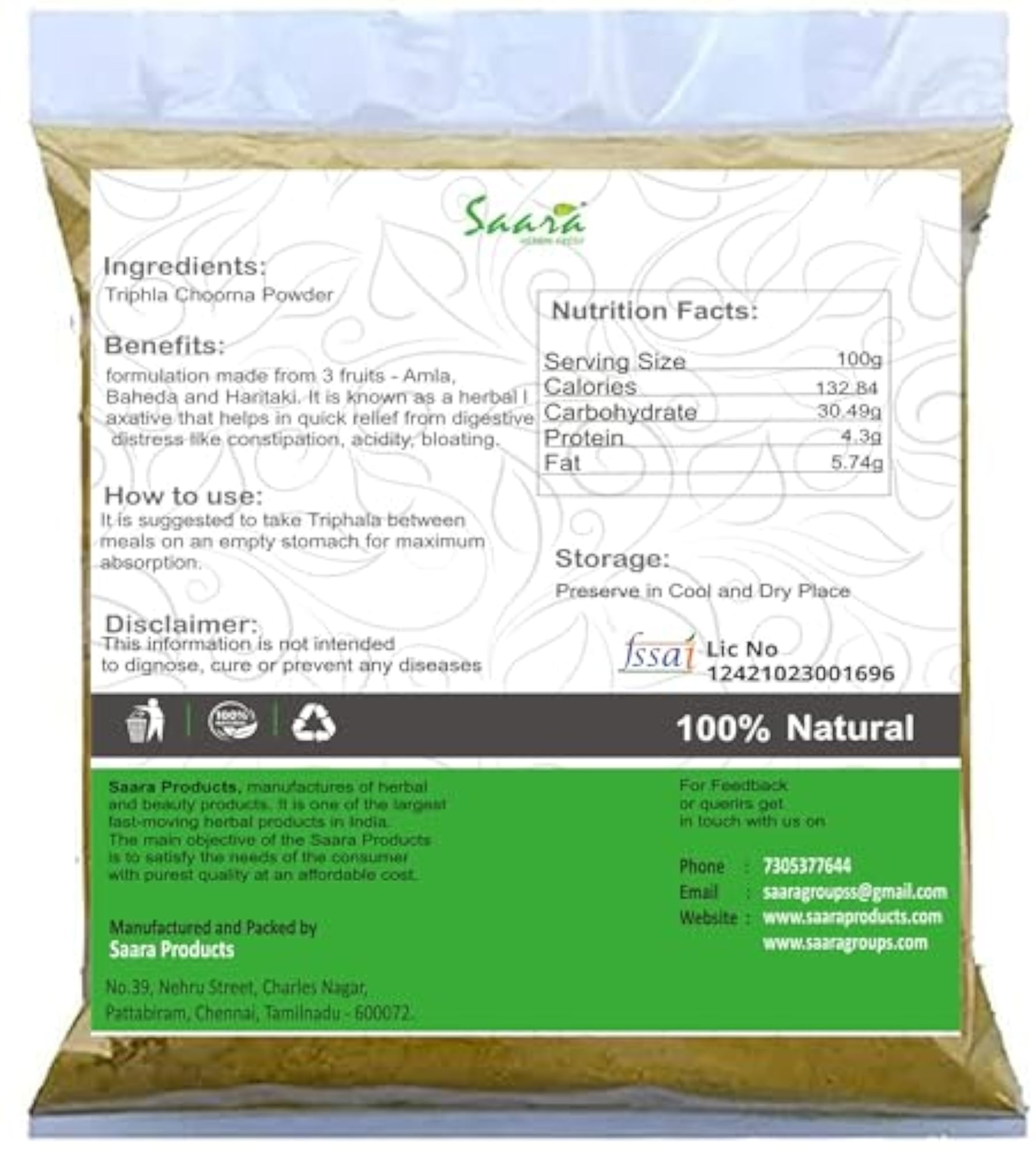 Saara HERBAL FRESH Triphala Churna Powder, 100g, Digestive Aid