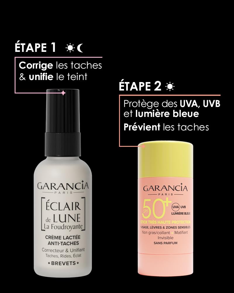 Garancia Rituel Anti-Taches Crème Lactée + Stick Solaire SPF50+ Éclat Teint | Crème lactée aux nacres illuminatrices et stick SPF50+ invisible. Unifie, corrige, protège, résultats dès 7 jours