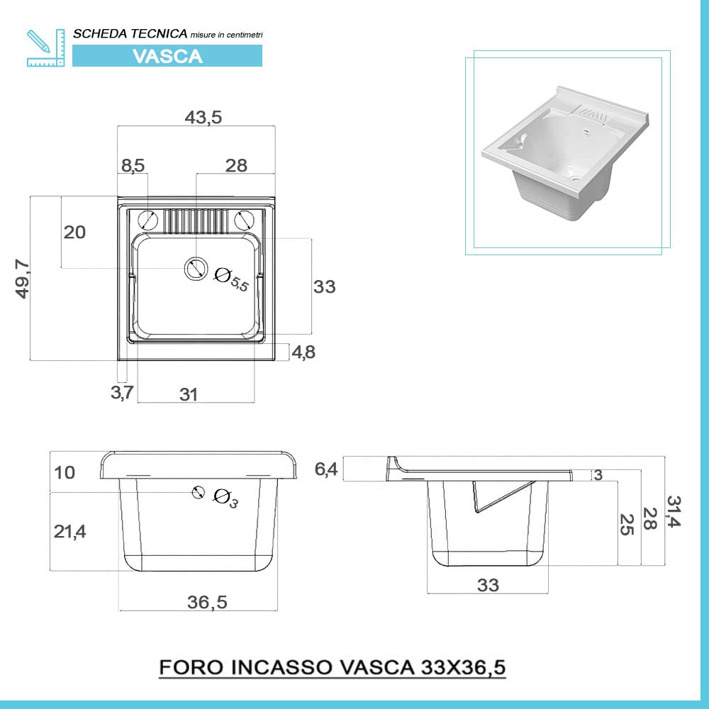 Mobile lavatoio lavanderia in legno con vasca in resina resistente agli acidi, completo di asse di lavaggio e kit sifone + piletta (Bianco, 45x50 cm 1 anta)