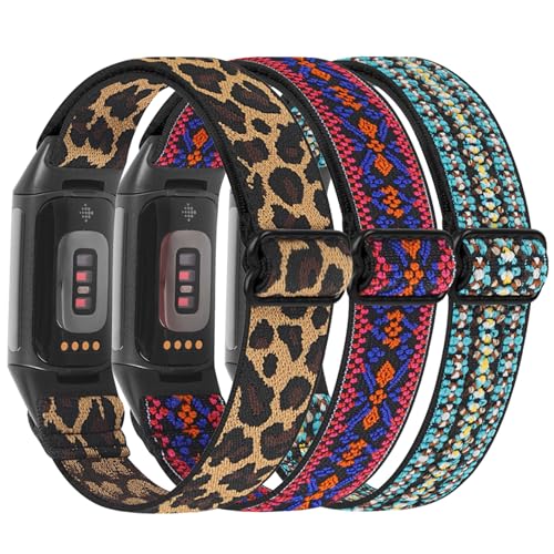 HUYIIO 3 Pack Adjustable Elastic Watch Strap Compatible with Charge 5/Charge 6 Straps, Soft Breathable Nylon Sport Band Stretchy Replacement Wristband For Women Men