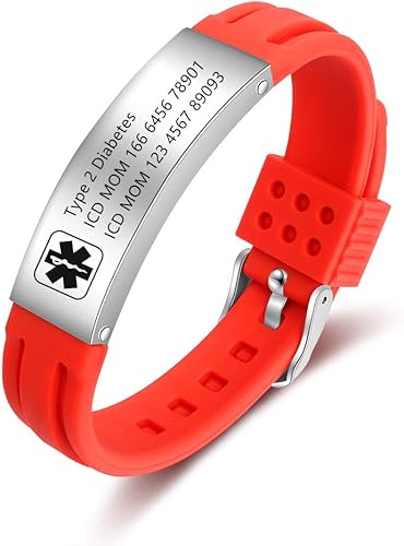 Miniatura 13 de LanM Pulseras de alerta médica para hombres, pulsera médica para mujeres, pulsera de identificación médica de silicona, tipo 1, pulsera de alerta
