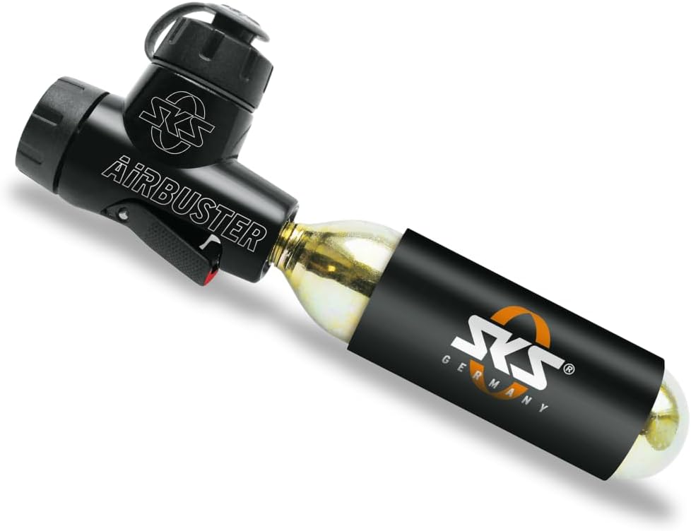 SKS Airbuster Handheld CO2 Pump, Black - Includes Replacement 16g Cartridge, Water Bottle Clip & Holder
