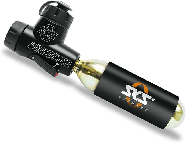 SKS Germany AIRBUSTER CO2 Fahrradpumpe für Wettkämpfe (CO2 Luftpumpe, mit Druckdosierventil & Drehdosierer, inkl. Kälteschutz, Staubschutzkappe, Pumpenhalter & 16g-Kartusche), Schwarz