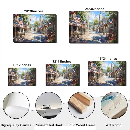 Image of Rustic Patriotic Main Street Wall Art, 4th of July American Town Canvas Prints, Vintage Flag Street Decor for Home, Living Room, Kitchen, Framed Artwork for Bar, Made in USA