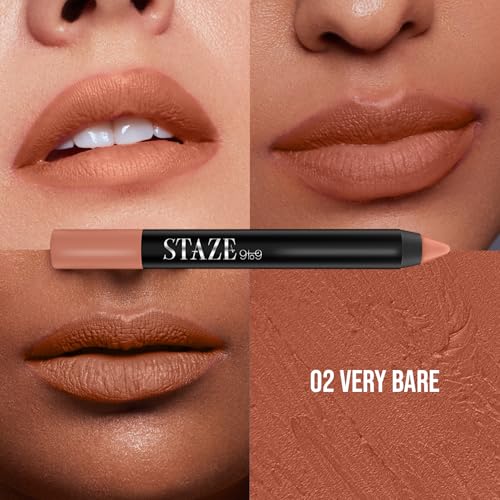 Image of Staze Pout On Transfer proof Lip Crayon | Upto 12 hours long stay | One Swipe High Matte Pigment | Vitamin E & Jojoba Oil | Sharpenable Smudgeproof & Waterproof Lip Crayon | 02 Very bare | 3.5g