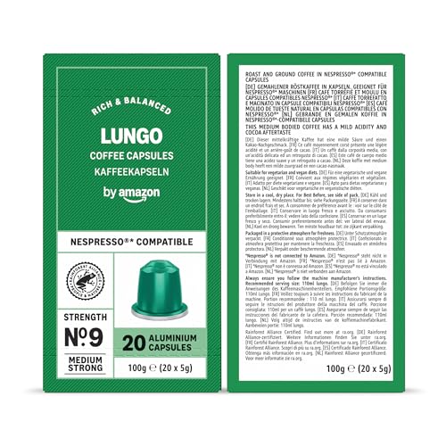 by Amazon Sortimentspackung, Aluminium-Kaffeekapseln, kompatibel mit Nespresso, mittelgeröstet, 100 Stück (5 Packungen mit je 20 Stück) – Rainforest Alliance zertifiziert
