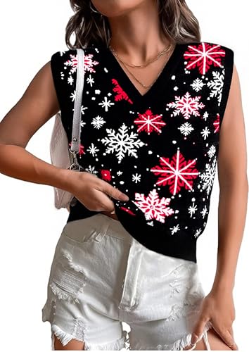 Image of JULYCLO Christmas Sweater Vest Women Ugly Xmas Reindeer Knit Sweaters Casual Santa Snowflake V Neck Sleeveless Outwear Tops