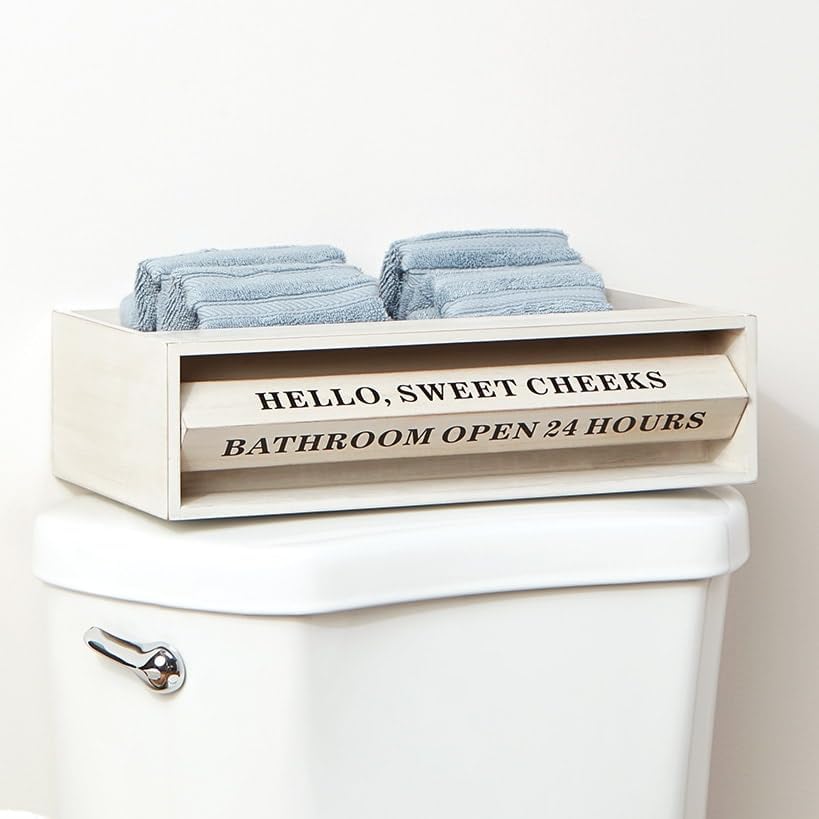 The Lakeside Collection Wooden Bathroom Toilet Topper Storage Tray with Funny Rotating Phrases - White
