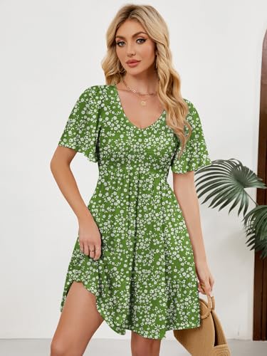 Image of UEAL Womens Cute Floral Smocked V Neck Flutter Sleeve Sundress with Pockets Casual Spring Summer Dresses for Women 2026