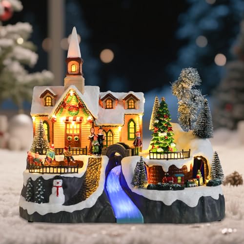 WONDER GARDEN Christmas Village Houses Church House Villages with Rotating Tree Moving Train and Dancing Kids Musical Lighted Christmas Collectible Buildings for Indoor Decor or Gift