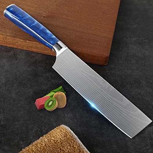 Nakiri Knife Sharp-Razor Meat Cleaver High Carbon Stainless Steel Vegetable Kitchen Knife, Multipurpose Chef Knife with Ergonomic Handle for Home and Outdoor Use (Blue)
