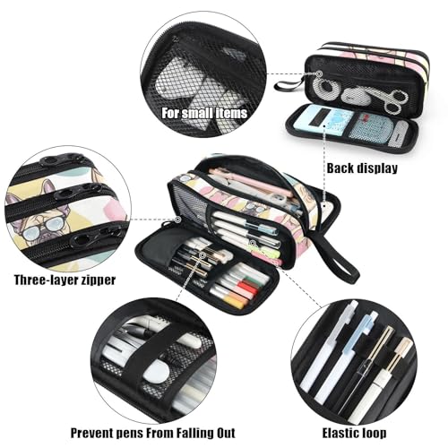 Image of Fustylead Cute French Bulldog Wear Glasses Large Pencil Case Portable Stationery Bag Cosmetics Bag with Handle for School Office Travel