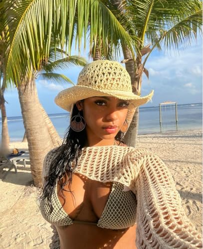 Image of Womens Crochet Crop Tops Y2k Knit Shrug Sweater Hollow Out Long Sleeve Bikini See Through Cover Ups
