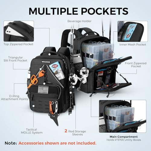 Image of KastKing KastMate Fishing Backpack With 2 Rod Holders, Black | Tackle Backpack Storge Fishing Gear, Fishing Bag Gift for Men, Durability, Quality Well