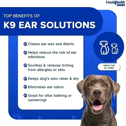 LIQUIDHEALTH 12 Fl Oz K9 Dog Ear Cleaner Wash Solutions - Infection Cleaning Hygiene Treatment Drops for Dogs, Canines and Puppies