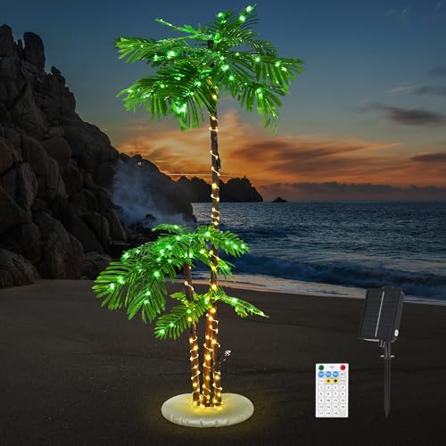Lynxor Solar-Powered Lighted Palm Trees 6FT Three-Tree, Adjustable LED Palm Trees for Outdoor Patio, 19 Lighting Modes, Waterproof Metal Trunk with Heavy Base, Perfect for Party Decor
