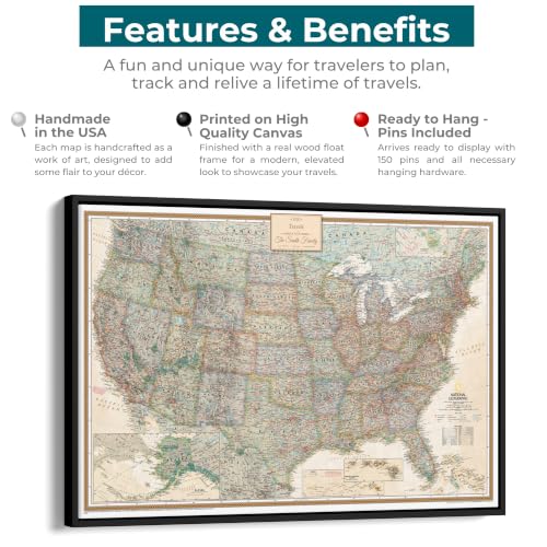 Image of Executive United States Map with Pins - Detailed National Geographic USA Canvas Travel Tracker - Extra Large Framed Wall Art - Silver Float Frame - 34 inch x 51 inch