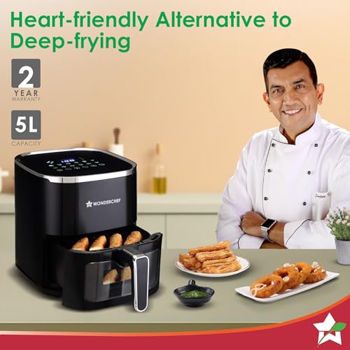 Image of Wonderchef Evita Digital Air Fryer, 1350W, 5 L, Rapid Hot Air Technology, 8 Pre-set Menus, Non-stick Basket, In-built Memory, Customised Time & Temperature Control, Fry, Bake, Grill, 2-Yr Warranty