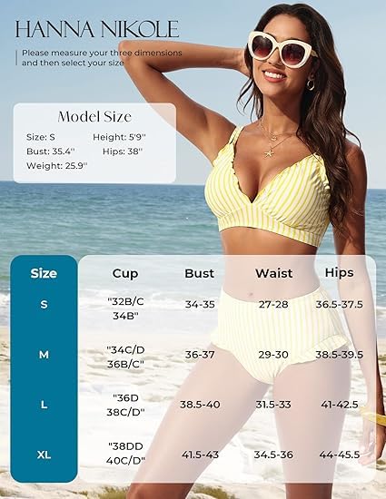 Hanna Nikole Ensemble bikini pour femme, volants mignons, col en V sexy, effet push-up, bas taille haute, double bretelles