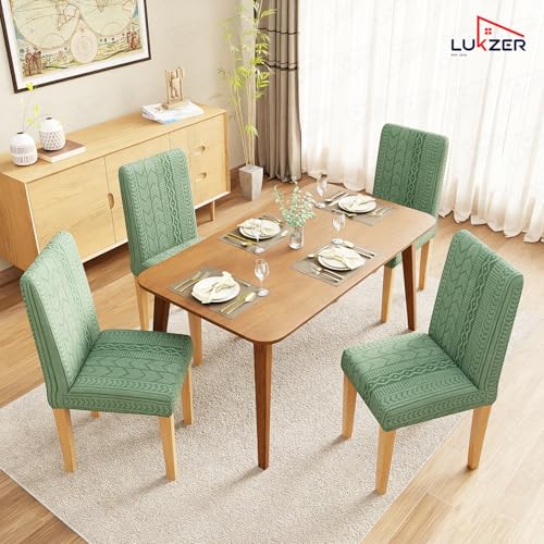 Image of Lukzer Elastic Dining Chair Cover - 1PC Pastel Green Zigzag Pattern | Textured High Stretch Jacquard Seat Cover | Removable Washable Short Dining Chair Cover Protector Seat Slipcover | (CC-076-1)