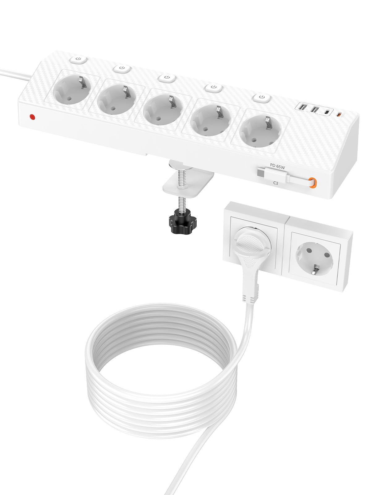 PASSUS - Ciabatta elettrica da tavolo con 2 USB (PD 65 W), 5 prese multiple, con scrivania e protezione da sovratensione, presa angolare 10 in 1 con spina piatta per ufficio/cucina, bianco