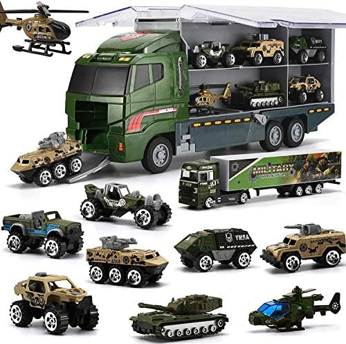 Coolplay 10 in 1 Military Army Vehicle Truck for Toddler, Mini Battle Car Toy Set in Carrier Truck for Kids Boys 3 Years Old