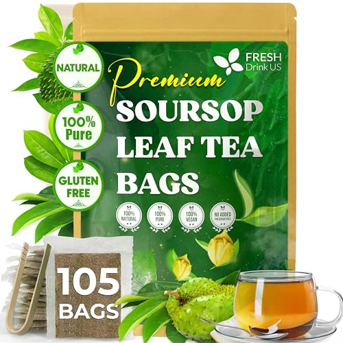 FreshDrinkUS, 105 Premium Soursop Graviola Leaf Tea Bags, The Finest Soursop Tea, 100% Natural and Pure, Handmade, Made With Natural Materials-Corn Fiber Tea Bag, Sugar/ Caffeine/ Gluten Free, Hoja