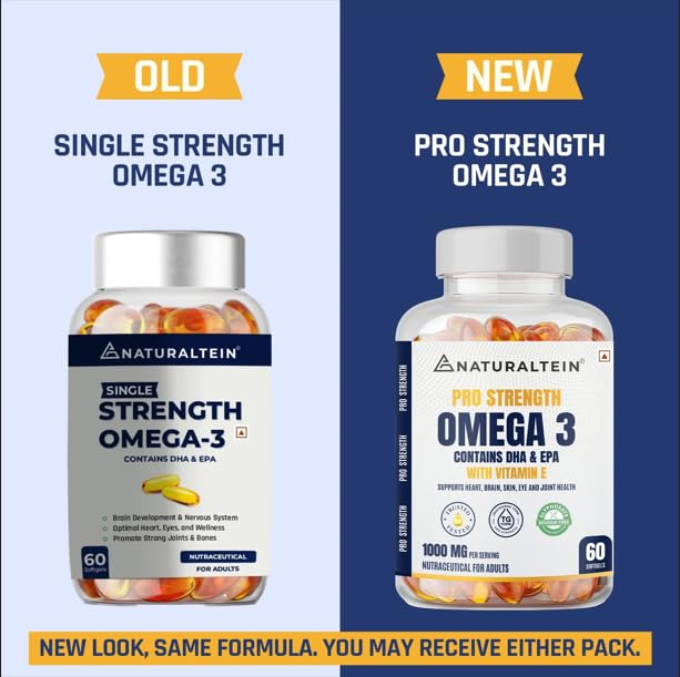 Image of Naturaltein Pro Strength Omega 3 Fish Oil 1000mg with Vitamin E | 180mg EPA & 120mg DHA | Supports Heart, Brain, Joint & Eye Health | Molecularly Distilled & Heavy Metal Tested | 60 Softgels